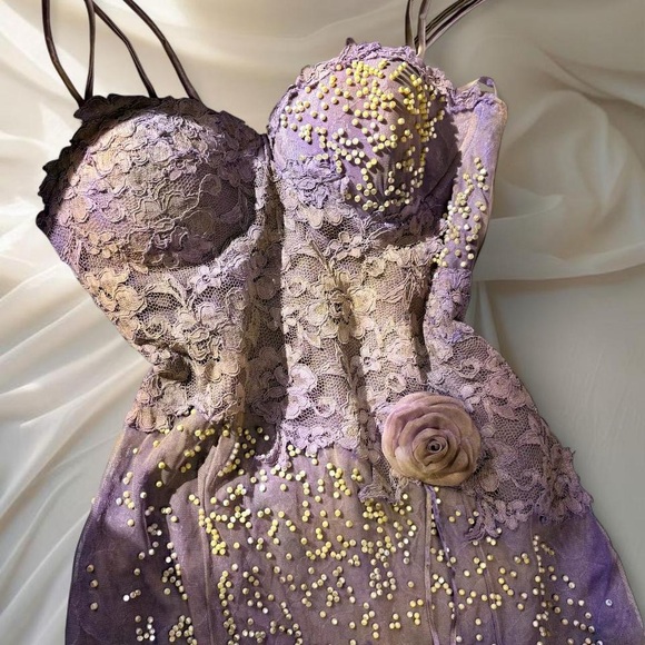 Unique Vintage Dresses & Skirts - Rare Bespoke Vintage Beaded Lace Fairy Gown - S